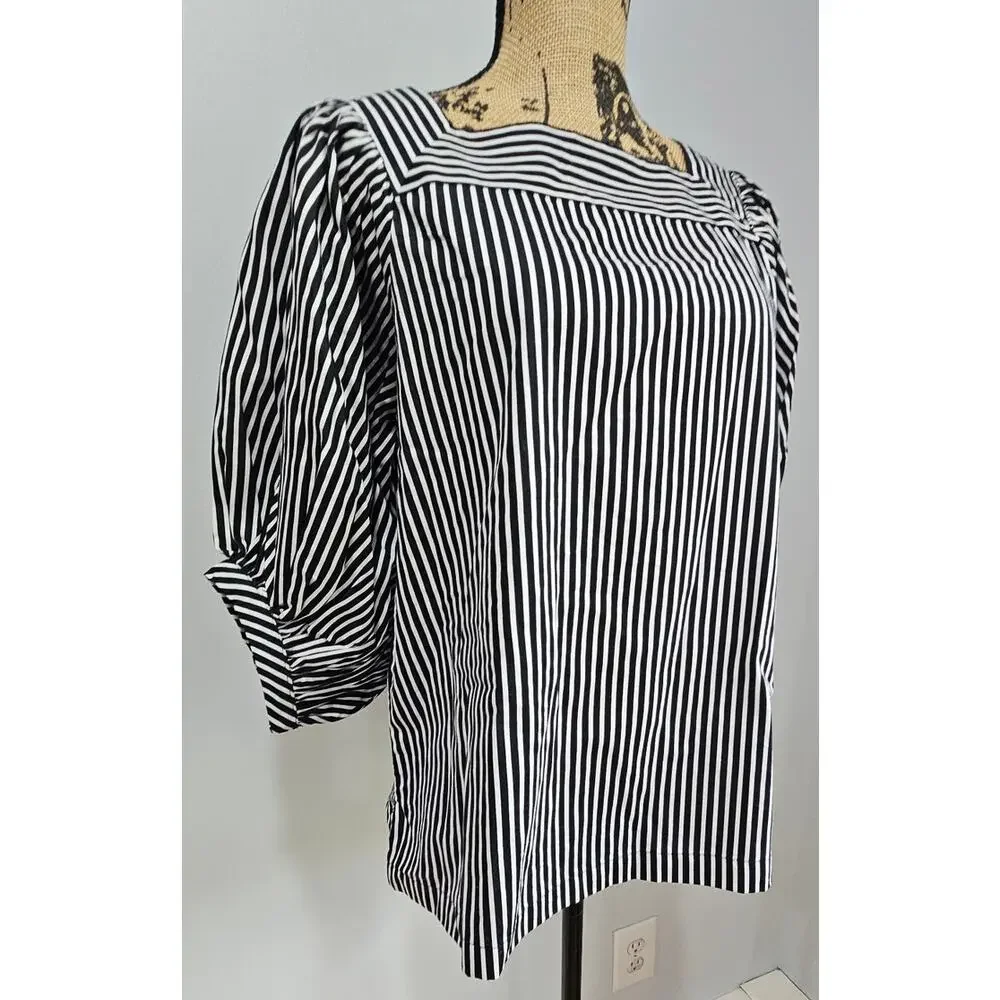 Loft Blouse Square-Neck Striped Puff Sleeve, Black & White, New w tags, Sz S